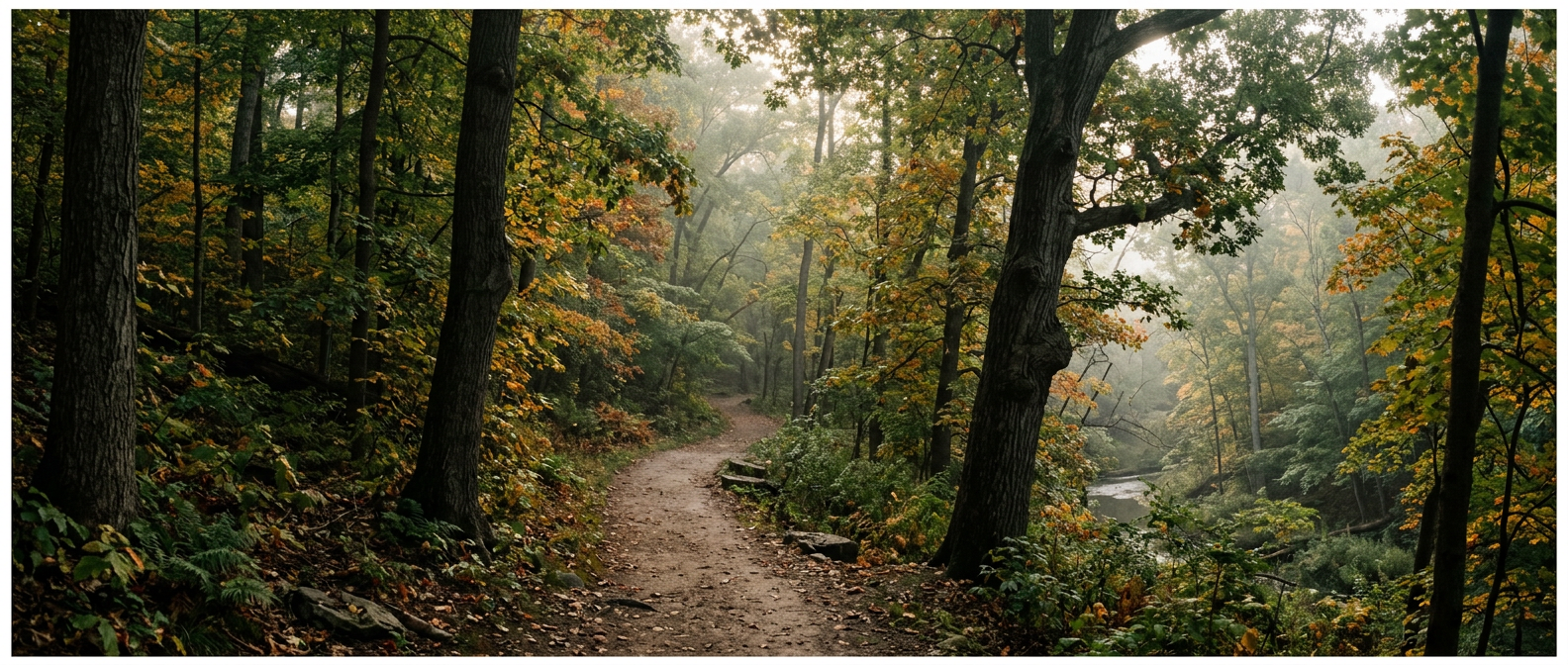 A misty Toronto ravine path lined with maple and oak trees in early autumn